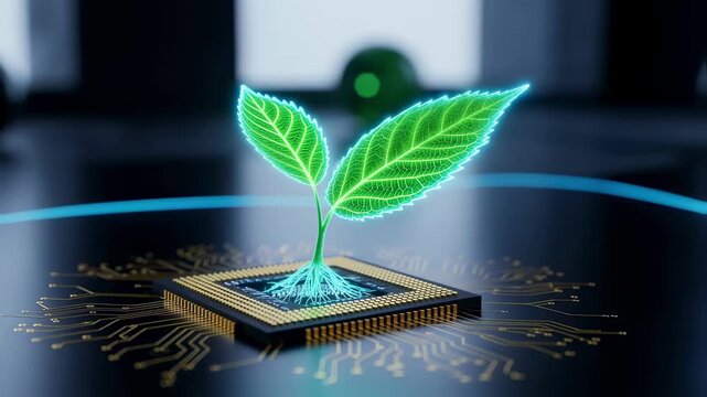 Fluorescent leaf developing on microprocessor conveying biotechnology and digital ecology fusion.