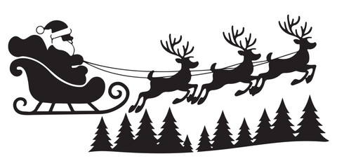 Santa Claus on sleigh flying sky with reindeers black vector silhouette , Silhouette of santa claus