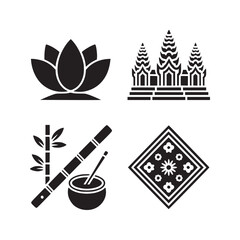 Four cambodia culture icons including lotus flower angkor wat temple bamboo and krama scarf design set