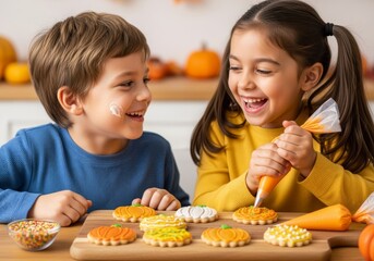Children decorating Halloween cookies with joyful expressions