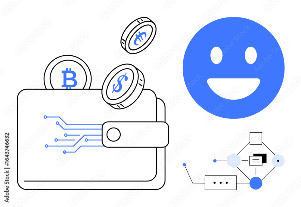 Aufkleber digital wallet with cryptocurrency coins, smiling face icon, and blockchain network elements. ideal 