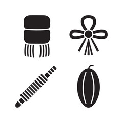 A collection of four black and white icons featuring a scarf a bow a stick and a fruit like object