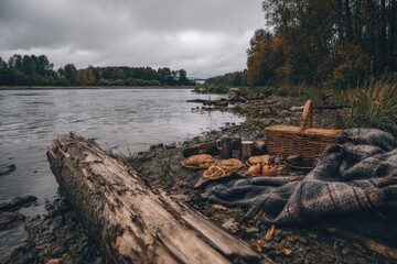 Autumn picnic by a river under a cloudy sky.  A wicker basket filled with food rests on a blanket by the water's edge, near a fallen log.  Gray-brown tones and muted colors