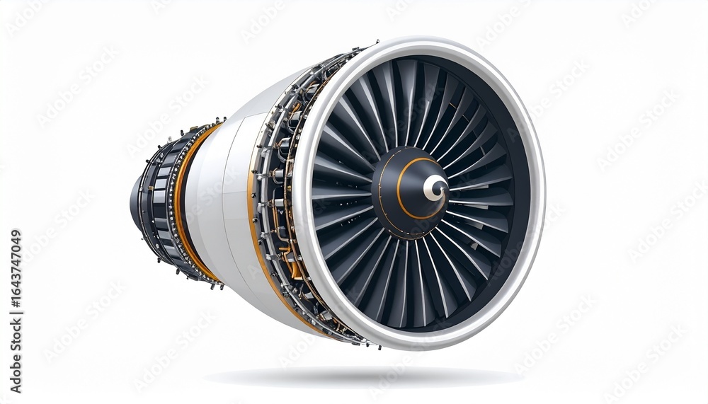 Poster a close-up view of a powerful jet engine, showcasing its intricate mechanical design and engineering
