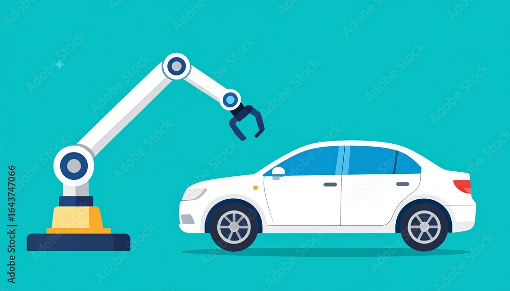 Poster robotic arm assembling a car, highlighting automated manufacturing and technological advancement