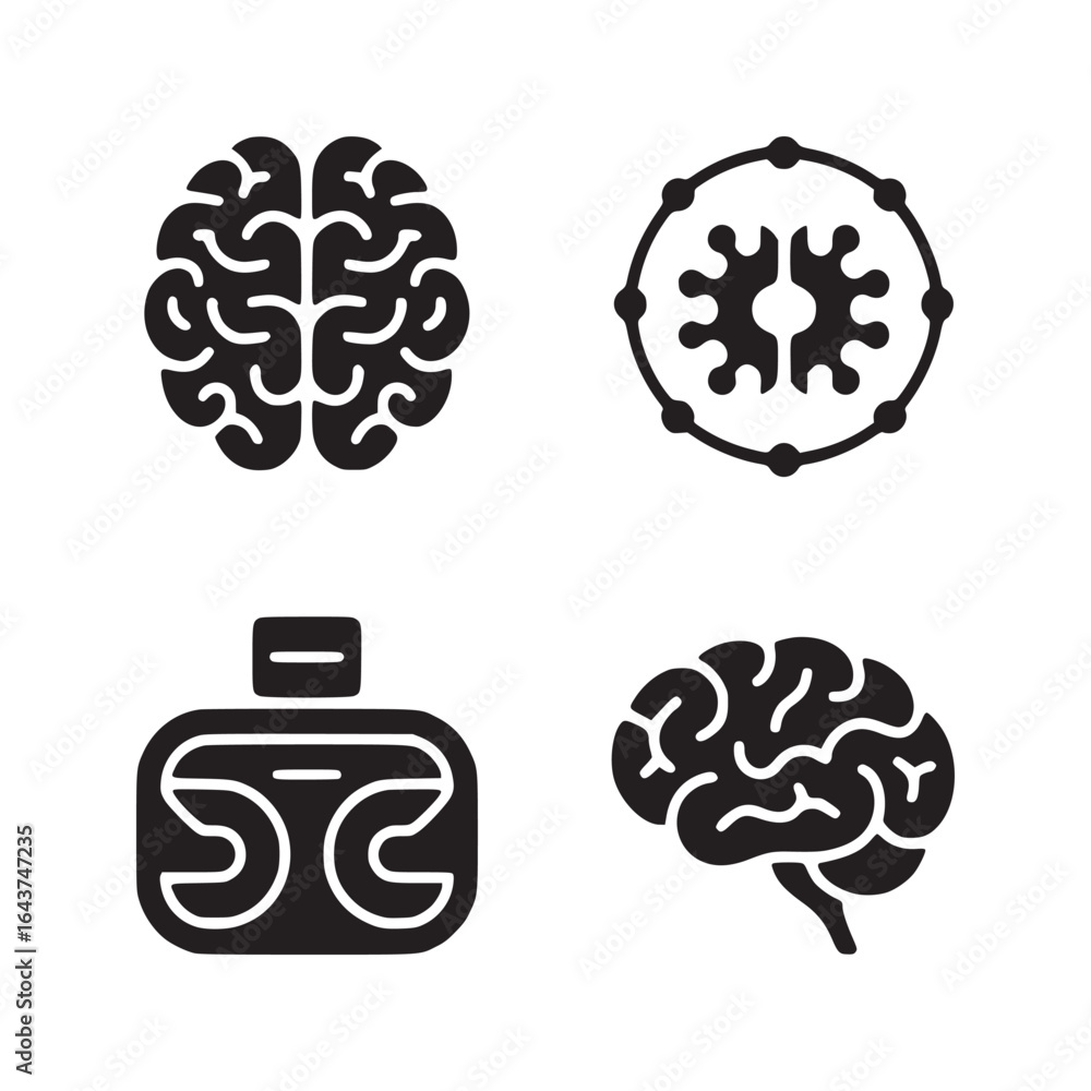 Aufkleber a collection of four black and white icons displaying brains and a vr headset in a square format