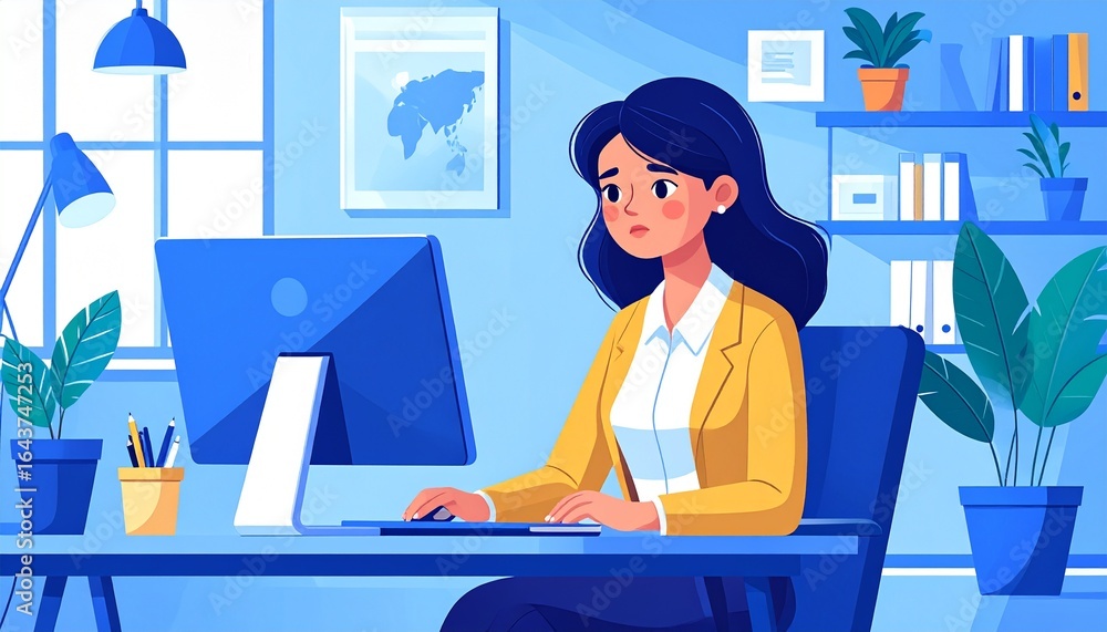 Poster a woman focused intently on her computer, creating a dynamic work scene