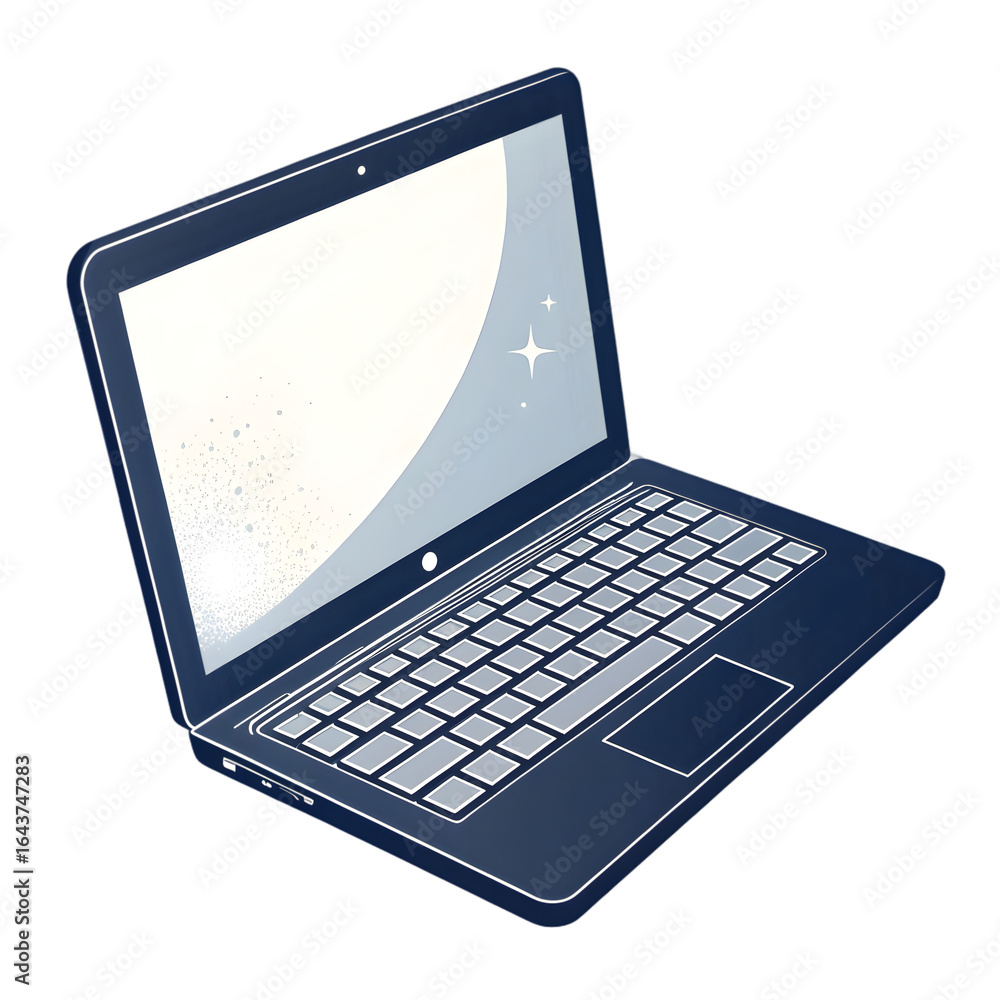 Poster navy blue laptop glowing screen keyboard isolated on a transparent background technology computer pn