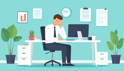 A man experiencing stress while sitting at his desk, looking at the computer. The office has a clean and organized appearance, with a focus on productivity and professionalism