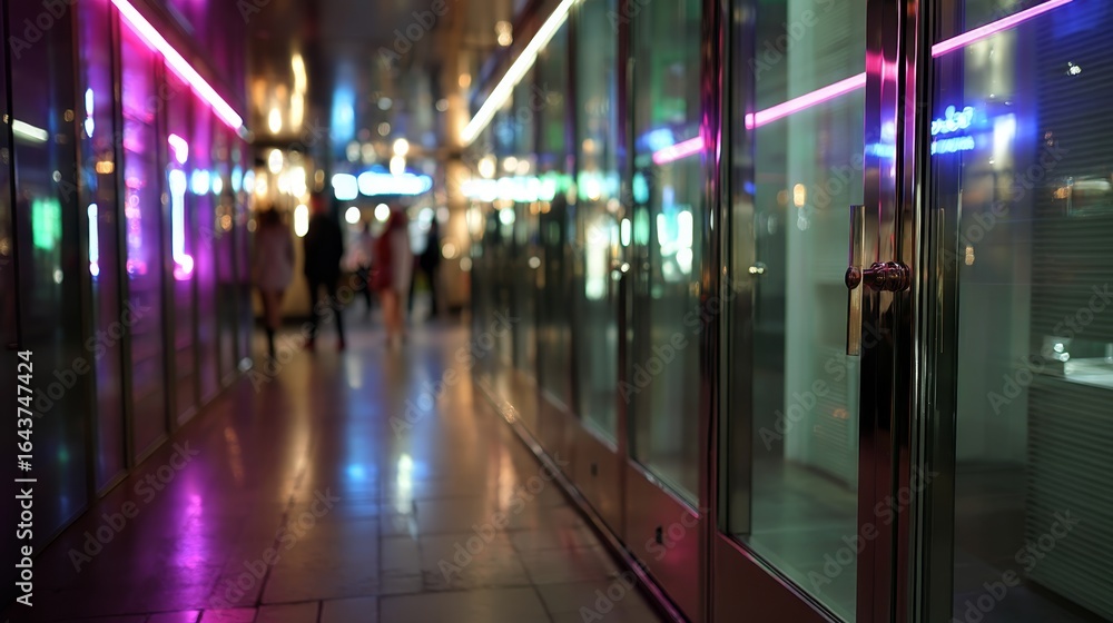 Aufkleber reflective glass storefronts illuminated by vibrant neon lights creating a colorful urban night scen