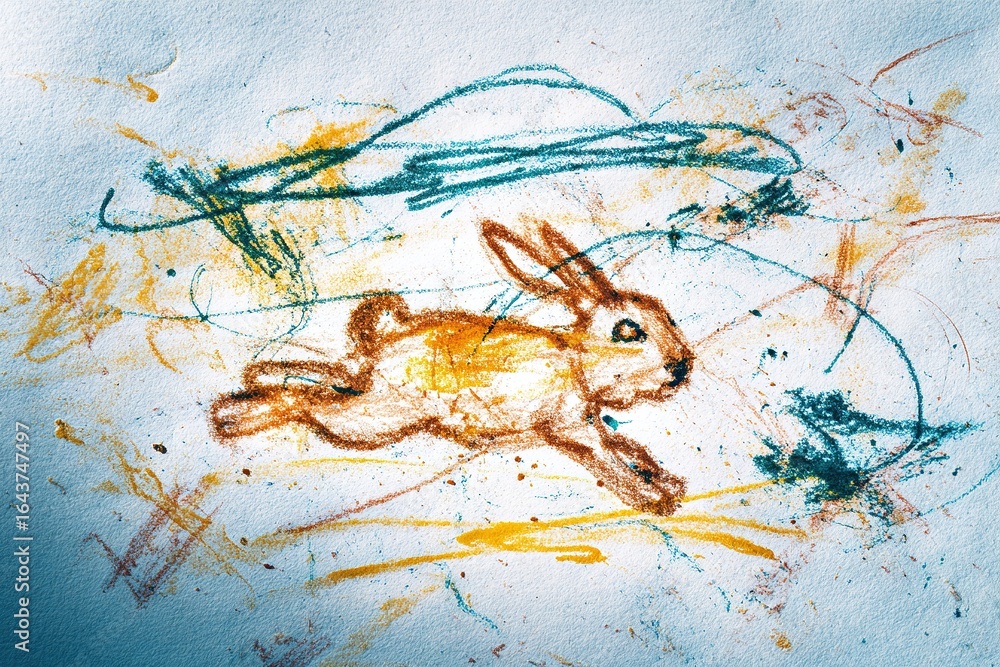 Poster creative rabbit drawing with vibrant colors on textured paper showing action in a playful manner
