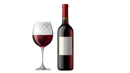 Still life of a red wine bottle with blank label and a wine glass filled with red wine on black background