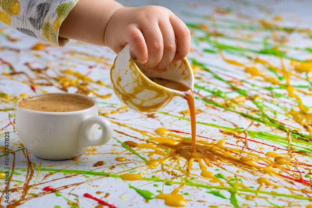 Poster child spills colorful paint while experimenting with art in a creative setting