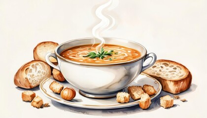 Warm soup in bowl with bread and croutons on wooden table  