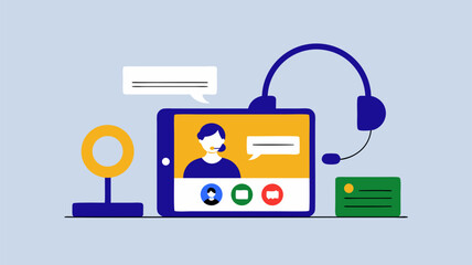 Illustration of online meeting with tablet, ring light, and headset setup
