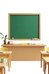 Empty classroom with a green chalkboard and wooden furniture.