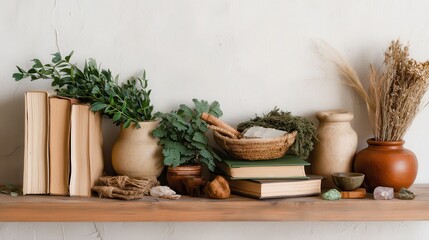 Fototapeta premium Digital detox lifestyle concept. Decorative shelf with books, pottery, and dried plants.