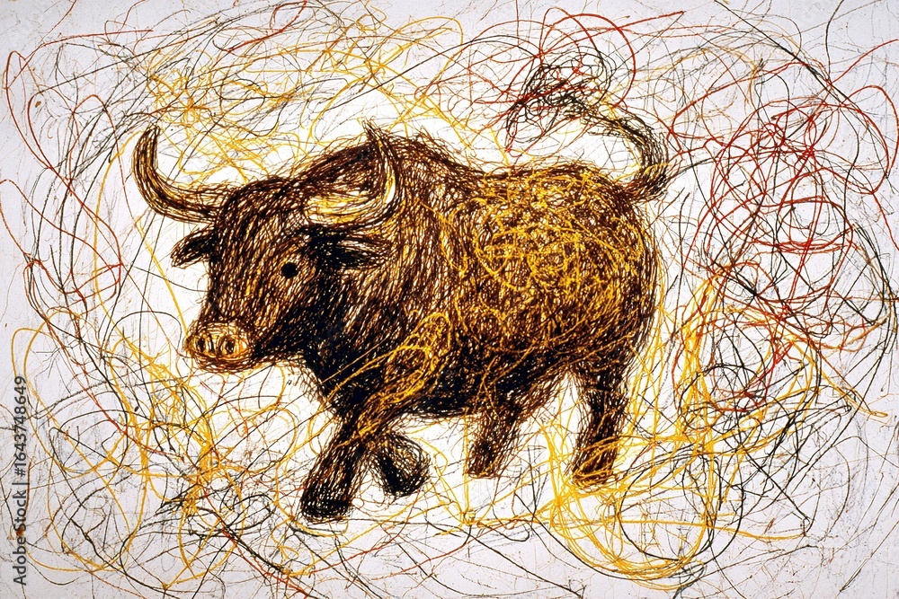 Poster artistic representation of a bull surrounded by colorful abstract lines in a creative setting
