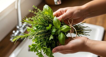 Fresh aromatic herbs from the garden, carefully selected and bundled by hand ready for use in