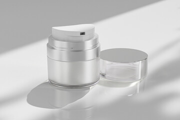 metallic skincare packaging with pump dispenser, cylindrical airless cream jar mockup, luxury acrylic double walled cosmetic jar, glossy silver electroplating cream jar vacuum Bottle mockup