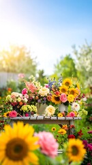 Obraz premium Colorful flower arrangements on rustic outdoor table