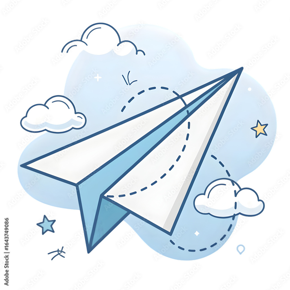 Poster paper airplane flying through sky with clouds and stars isolated on a transparent background png fil