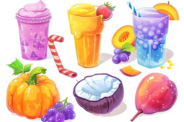 Vibrant Fruit Smoothies, Juicy Peach Slices, and Autumn Pumpkin:  Cartoon Style Stock Illustration