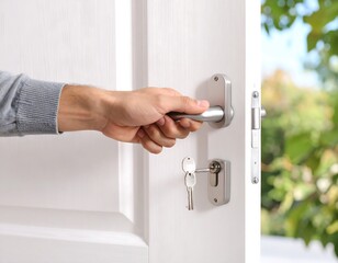 Naklejka premium A hand opens a white door