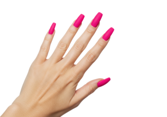 Light-skinned female hand elegantly posed, vibrant fuchsia matte coffin-shaped artificial nails, transparent studio background with copy space, high-end beauty concept