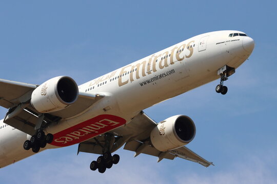 A6-EPI, Emirates Airlines,  Boeing 777-300ER, on final approach into London Stansted Airport, Essex, UK on 12th August 2025