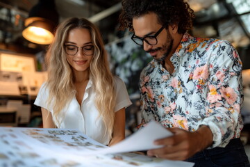 Two professionals engage in a discussion about design projects in a contemporary office setting. They analyze printed materials and share ideas on creative concepts