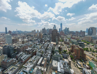 Aerial city scape of skyscraper buildings SoHo Manhattan on a sunny summer day in New York City
