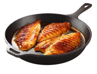 Cast-iron skillet with golden-brown pan-fried catfish fillets, on a white background