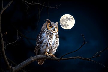 Owl at night on a branch. A serious owl sits at night on a tree branch against the background of a full moon