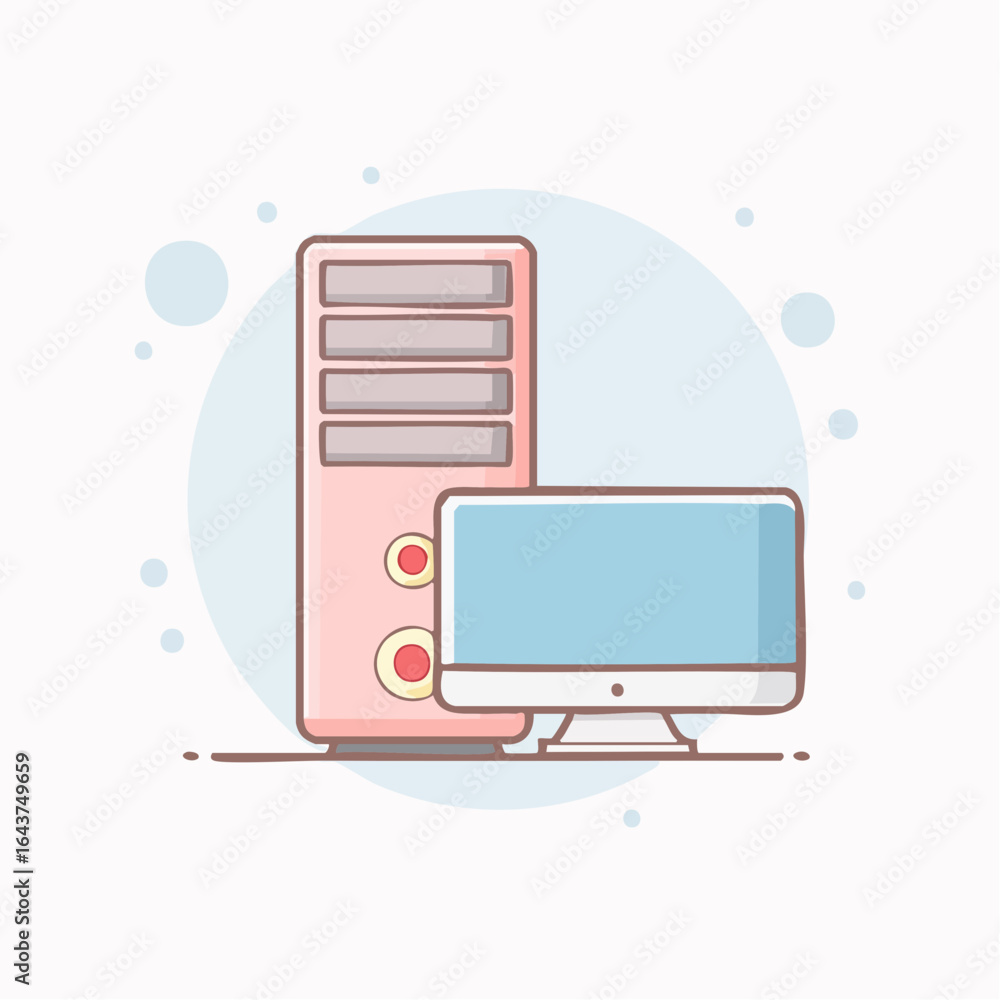 Poster pink desktop computer setup: tower and monitor illustration on soft