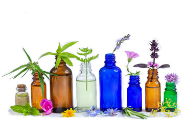 Glass bottles filled with herbs and essential oils