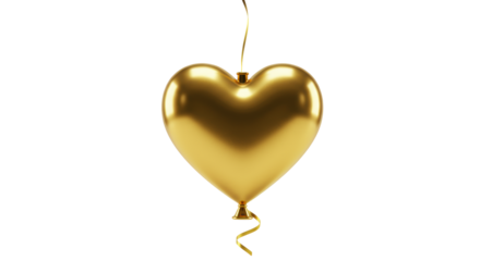 Polished golden metallic heart object with an elegant ribbon, floating weightlessly in a pristine minimalist white studio, soft diffused light, subtle bokeh, concept of luxury and success