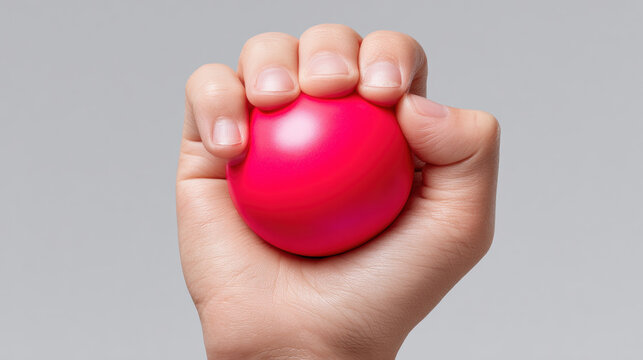 Hand squeezing red stress ball, close up of fingers gripping therapy toy for anxiety relief, isolated on gray background