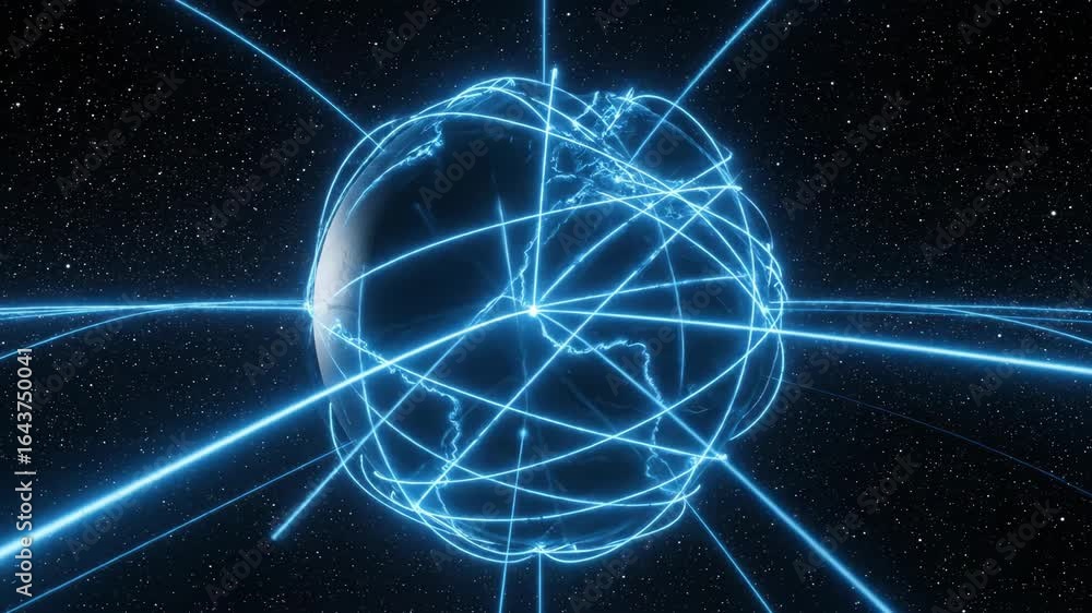Poster global network connections - glowing blue lines emanate from a dark globe, illustrating a complex ne