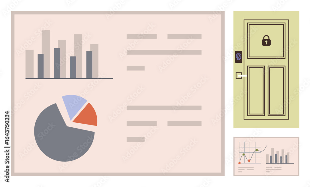Poster bar chart and pie chart on beige background next to a locked door, symbolizing secure data. ideal fo