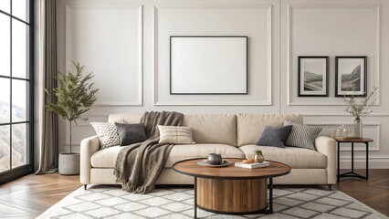 Elegant living room with neutral toned sofa patterned rug and modern art