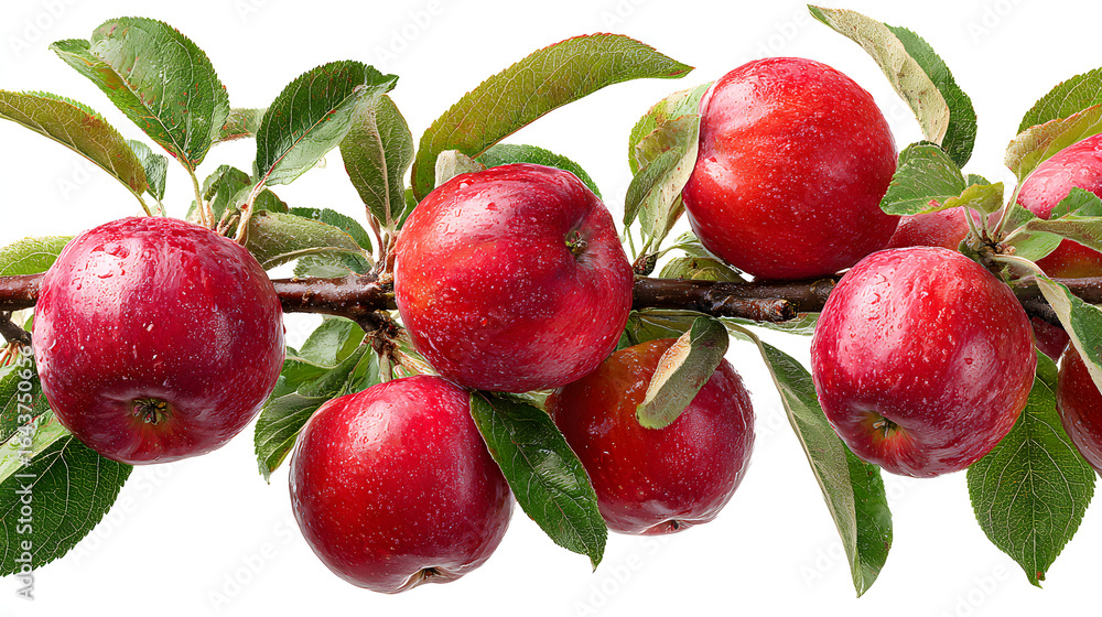 Poster isolated closeup apple tree branch with ripe red apples and green leaves on transparent background. 