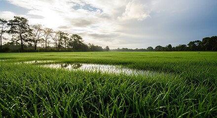 Tranquil meadow reflecting soft sky and clouds, serene nature scenery backdrop