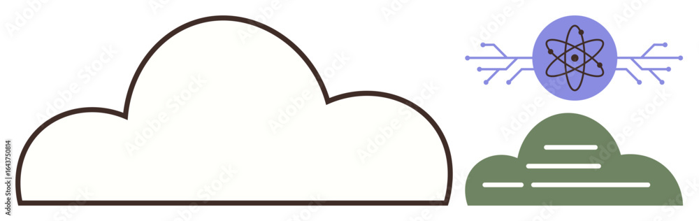 Poster minimalistic design with large outlined cloud, green abstract cloud, and atom-thumbs up structure sy