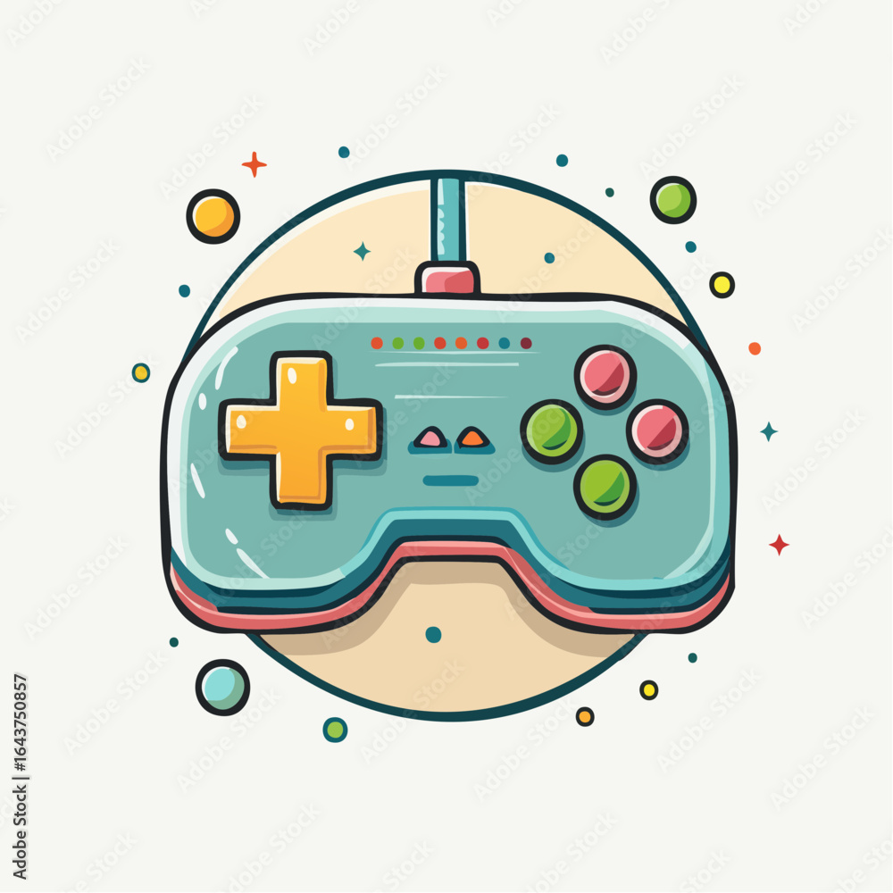 Poster cartoon gaming controller in retro style over a simple circular design