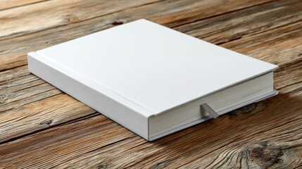 Fototapeta premium Blank hardcover book on rustic wooden table with natural decor elements around it.