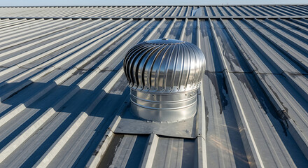 Modern industrial building roof with a shiny metallic turbine ventilator, ensuring efficient air circulation and heat extraction under clear sky conditions.