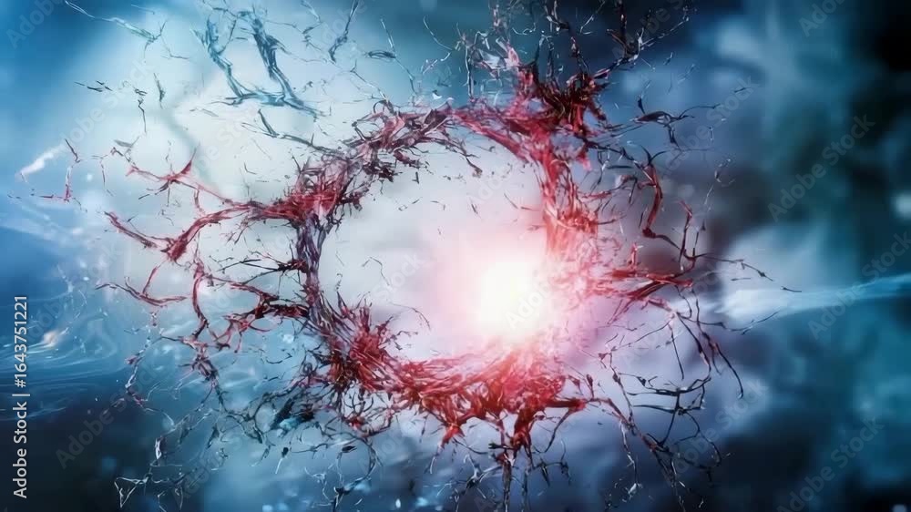 Poster red neuron network glowing with electric signals and neural connections in brain synapse, showcasing