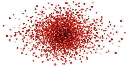 Hundreds of vibrant, glossy, metallic red confetti pieces frozen in a dynamic burst against a transparent studio background. Concept of joyful celebration