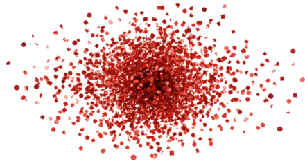 Hundreds of vibrant, glossy, metallic red confetti pieces frozen in a dynamic burst against a transparent studio background. Concept of joyful celebration